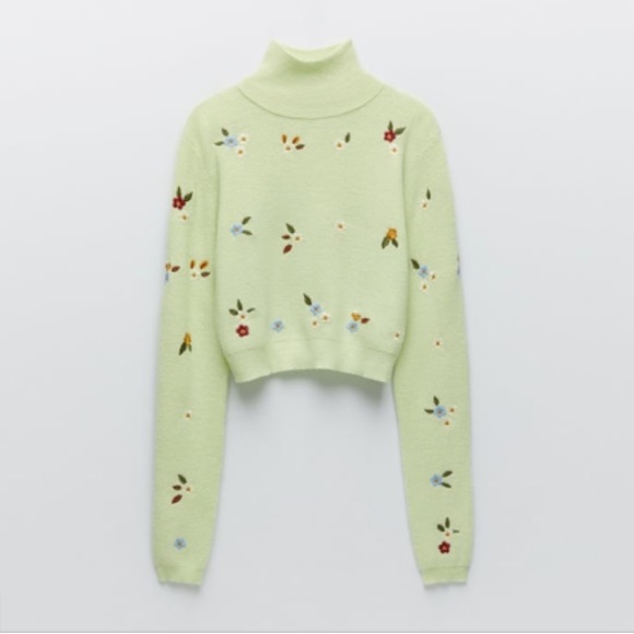 Zara | Sweaters | Zara Pastel Green Floral Embroidery Knit Sweater Nwt ...